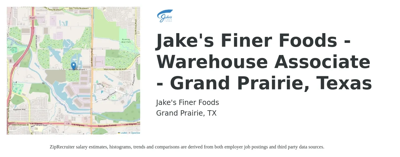 JAKE'S FINER FOODS job posting for a Jake's Finer Foods - Warehouse Associate - Grand Prairie, Texas in Grand Prairie, TX with a salary of $15 to $18 Hourly with a map of Grand Prairie location.