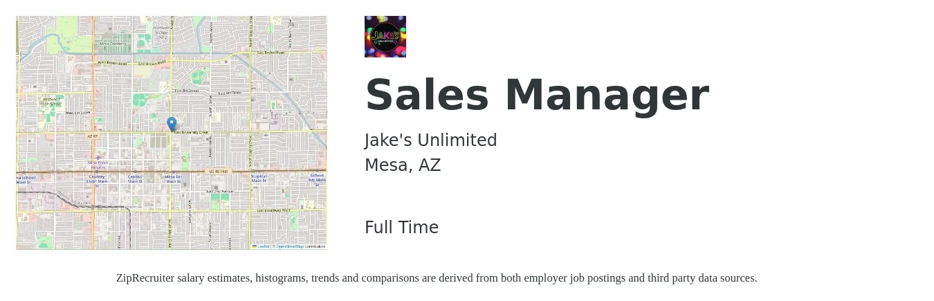 Jake's Unlimited job posting for a Sales Manager in Mesa, AZ with a salary of $45,000 to $96,500 Yearly with a map of Mesa location.