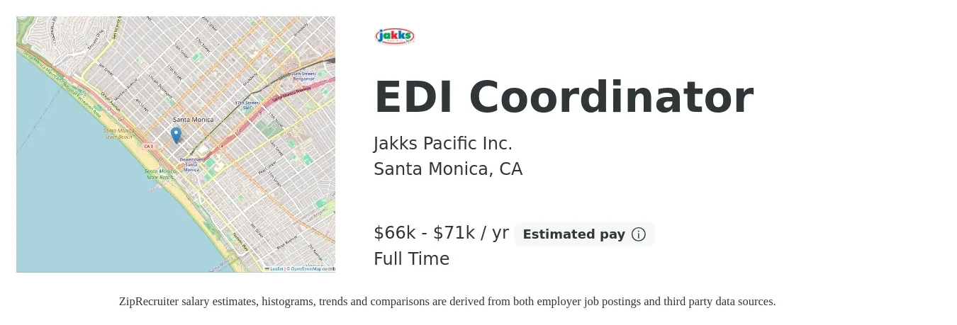 Jakks Pacific Inc. job posting for a EDI Coordinator in Santa Monica, CA with a salary of $66,000 to $71,000 Yearly with a map of Santa Monica location.