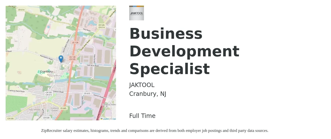 JAKTOOL job posting for a Business Development Specialist in Cranbury, NJ with a salary of $48,000 to $80,200 Yearly with a map of Cranbury location.