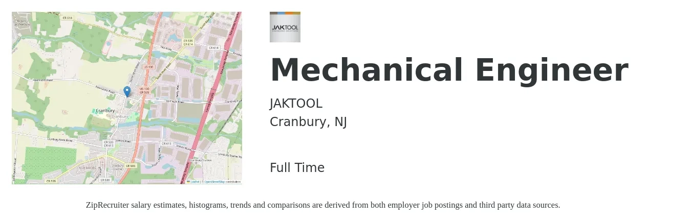 JAKTOOL job posting for a Mechanical Engineer in Cranbury, NJ with a salary of $83,300 to $129,200 Yearly with a map of Cranbury location.