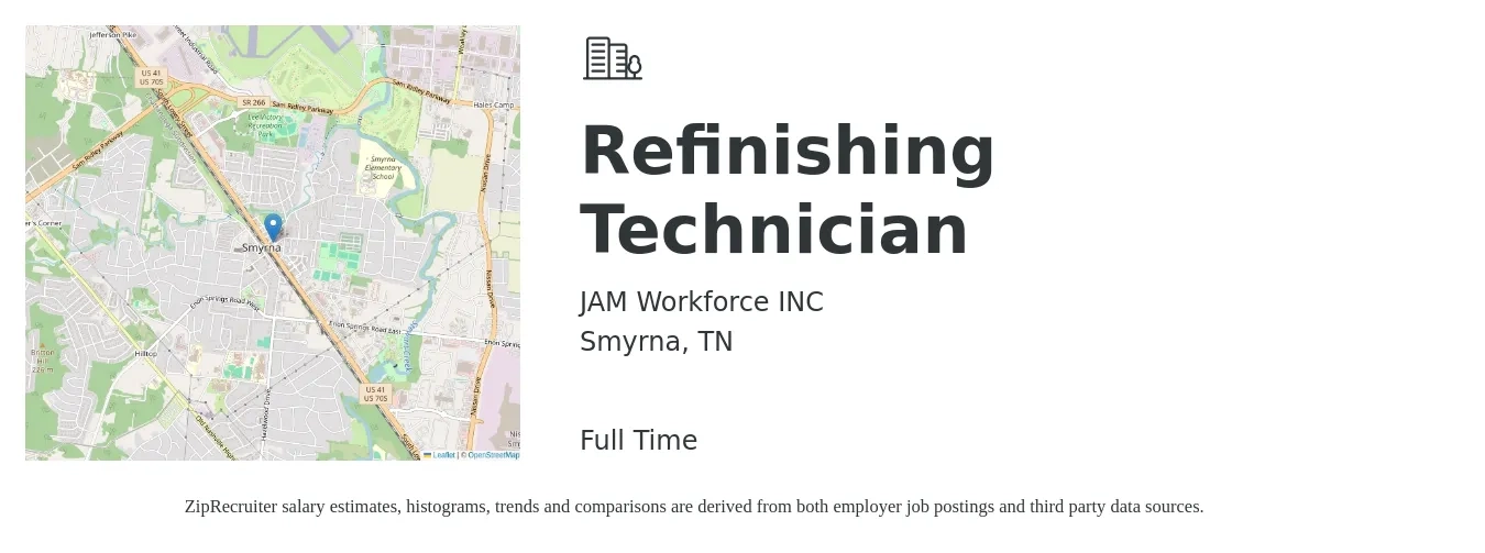JAM Workforce INC job posting for a Refinishing Technician in Smyrna, TN with a salary of $16 to $22 Hourly with a map of Smyrna location.