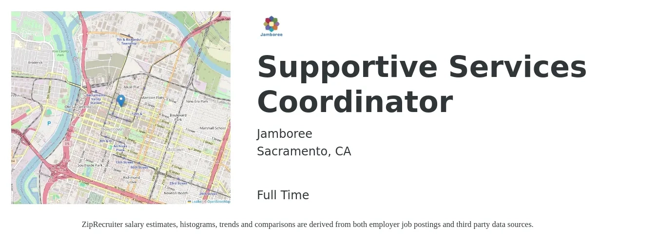 Jamboree job posting for a Supportive Services Coordinator in Sacramento, CA with a salary of $23 Hourly with a map of Sacramento location.