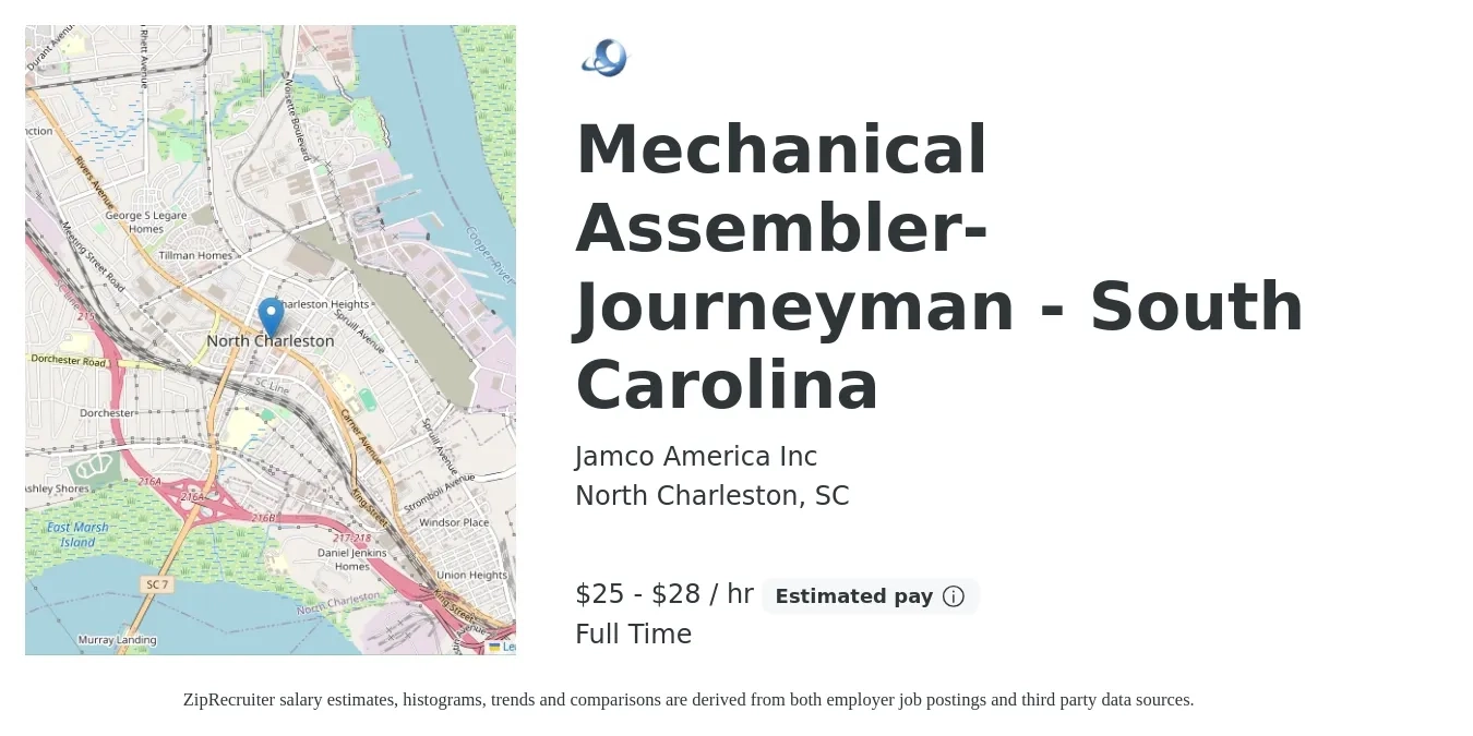 Jamco America Inc job posting for a Mechanical Assembler-Journeyman - South Carolina in North Charleston, SC with a salary of $26 to $30 Hourly with a map of North Charleston location.