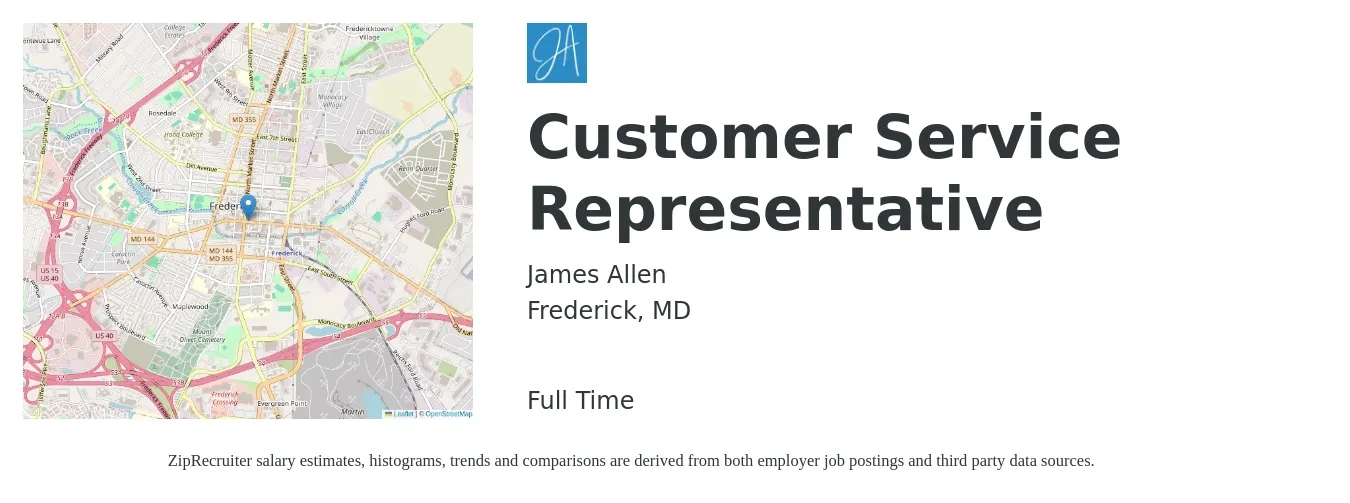 James Allen job posting for a Customer Service Representative in Frederick, MD with a salary of $16 to $22 Hourly with a map of Frederick location.
