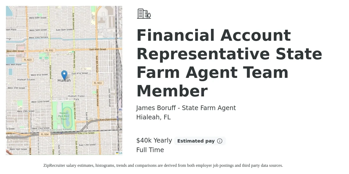 James Boruff - State Farm Agent job posting for a Financial Account Representative State Farm Agent Team Member in Hialeah, FL with a salary of $40,000 Yearly with a map of Hialeah location.