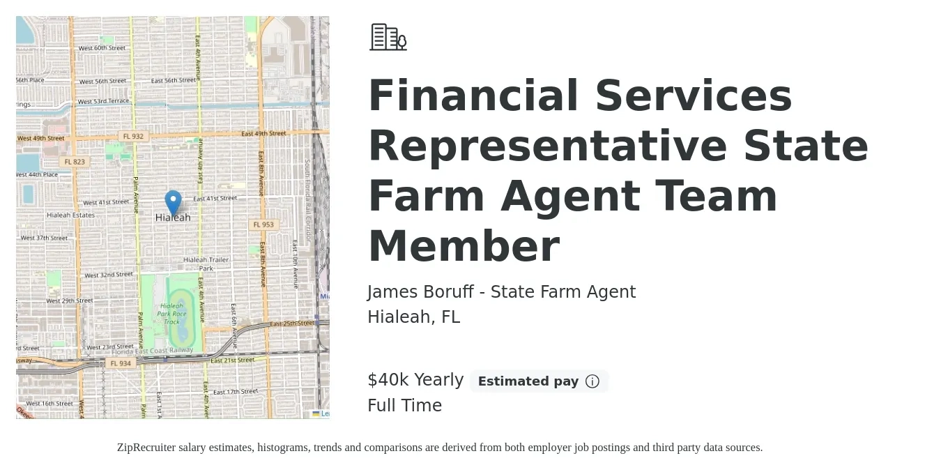 James Boruff - State Farm Agent job posting for a Financial Services Representative State Farm Agent Team Member in Hialeah, FL with a salary of $40,000 Yearly with a map of Hialeah location.