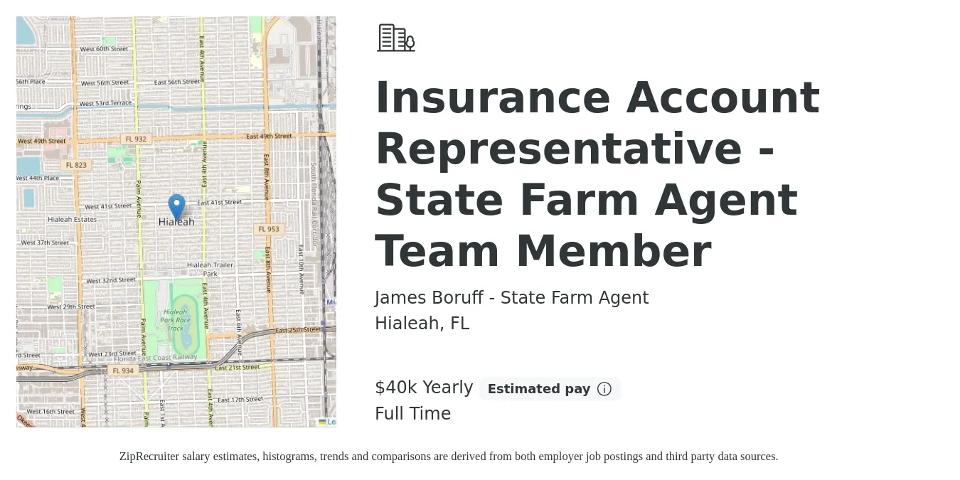 James Boruff - State Farm Agent job posting for a Insurance Account Representative - State Farm Agent Team Member in Hialeah, FL with a salary of $40,000 Yearly with a map of Hialeah location.