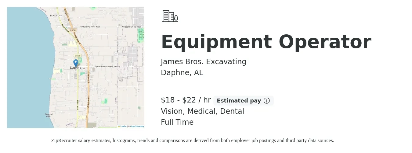 James Bros. Excavating job posting for a Equipment Operator in Daphne, AL with a salary of $19 to $23 Hourly and benefits including dental, life_insurance, medical, pto, retirement, and vision with a map of Daphne location.
