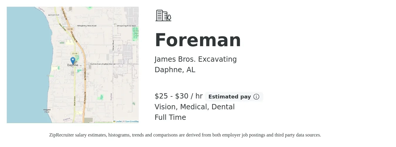 James Bros. Excavating job posting for a Foreman in Daphne, AL with a salary of $26 to $32 Hourly and benefits including dental, life_insurance, medical, pto, retirement, and vision with a map of Daphne location.