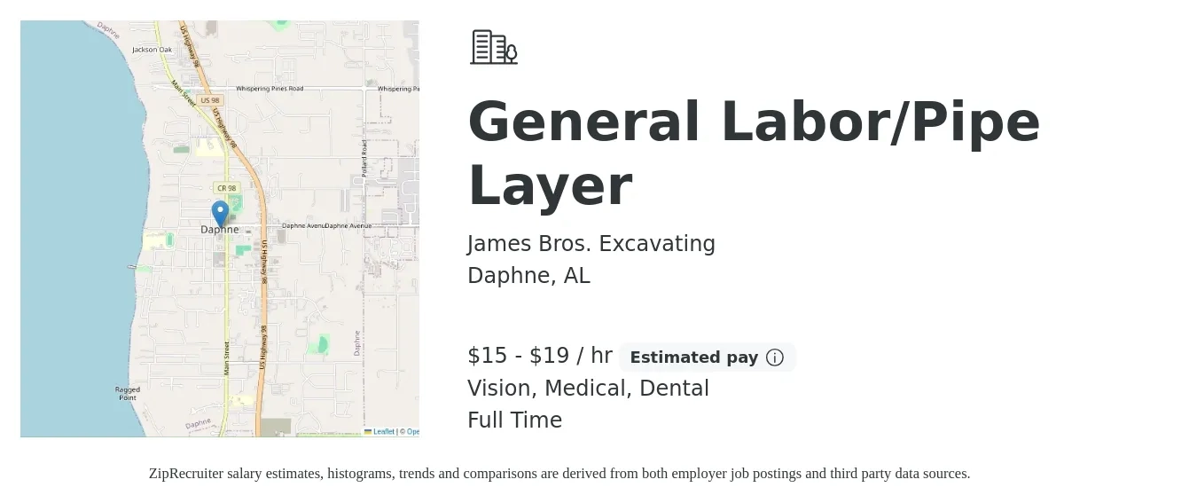 James Bros. Excavating job posting for a General Labor/Pipe Layer in Daphne, AL with a salary of $16 to $20 Hourly and benefits including dental, life_insurance, medical, pto, retirement, and vision with a map of Daphne location.