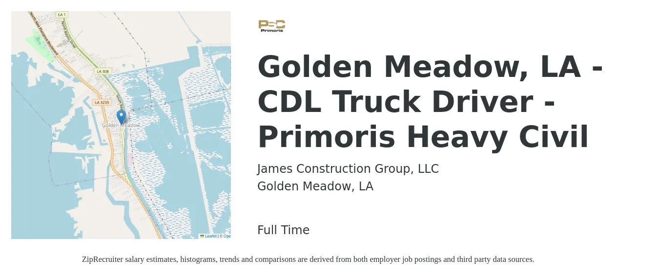 James Construction Group, LLC job posting for a Golden Meadow, LA - CDL Truck Driver - Primoris Heavy Civil in Golden Meadow, LA with a salary of $1,170 to $1,560 Weekly with a map of Golden Meadow location.
