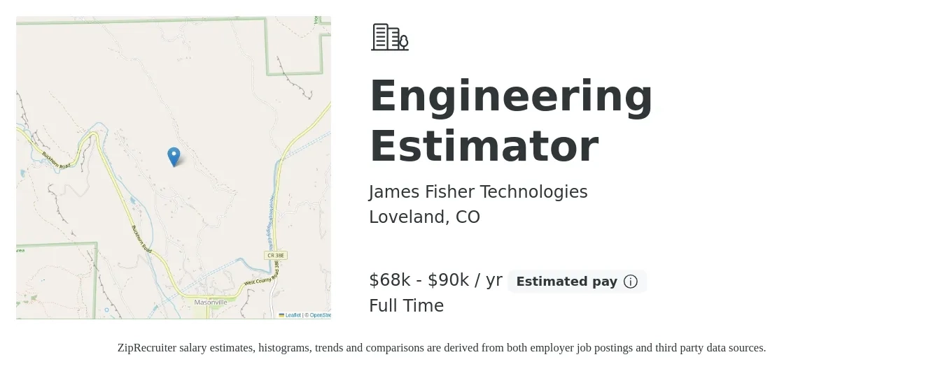 James Fisher Technologies job posting for a Engineering Estimator in Loveland, CO with a salary of $68,000 to $90,000 Yearly with a map of Loveland location.