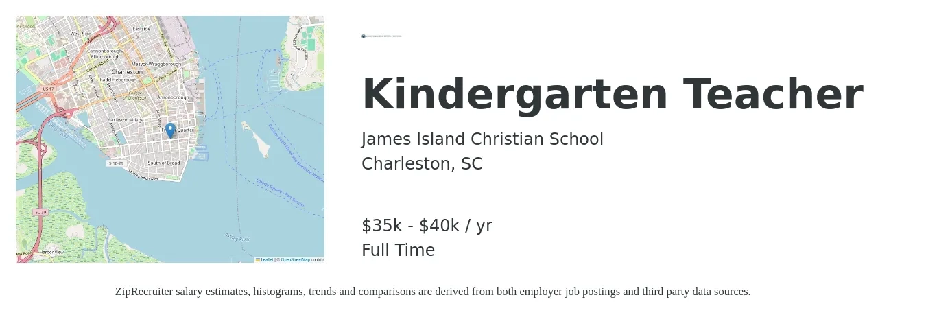James Island Christian School job posting for a Kindergarten Teacher in Charleston, SC with a salary of $36,000 to $42,000 Yearly with a map of Charleston location.