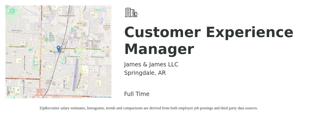 James & James LLC job posting for a Customer Experience Manager in Springdale, AR with a salary of $36,300 to $61,900 Yearly with a map of Springdale location.