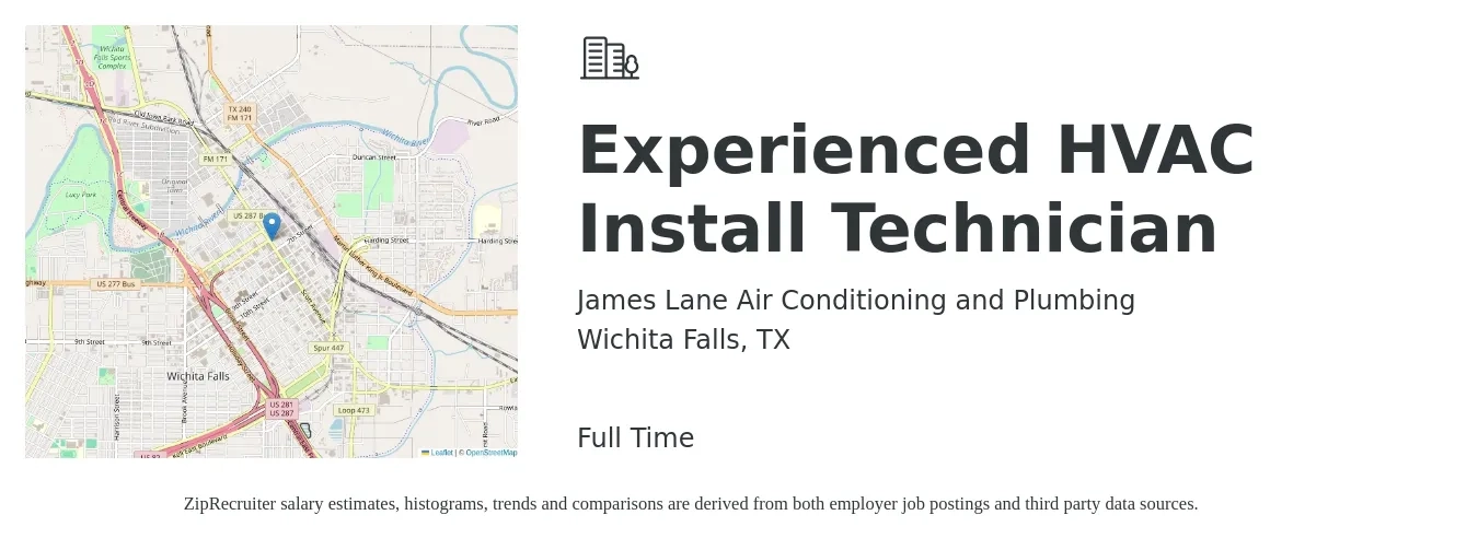 James Lane Air Conditioning and Plumbing job posting for a Experienced HVAC Install Technician in Wichita Falls, TX with a salary of $20 to $23 Hourly with a map of Wichita Falls location.