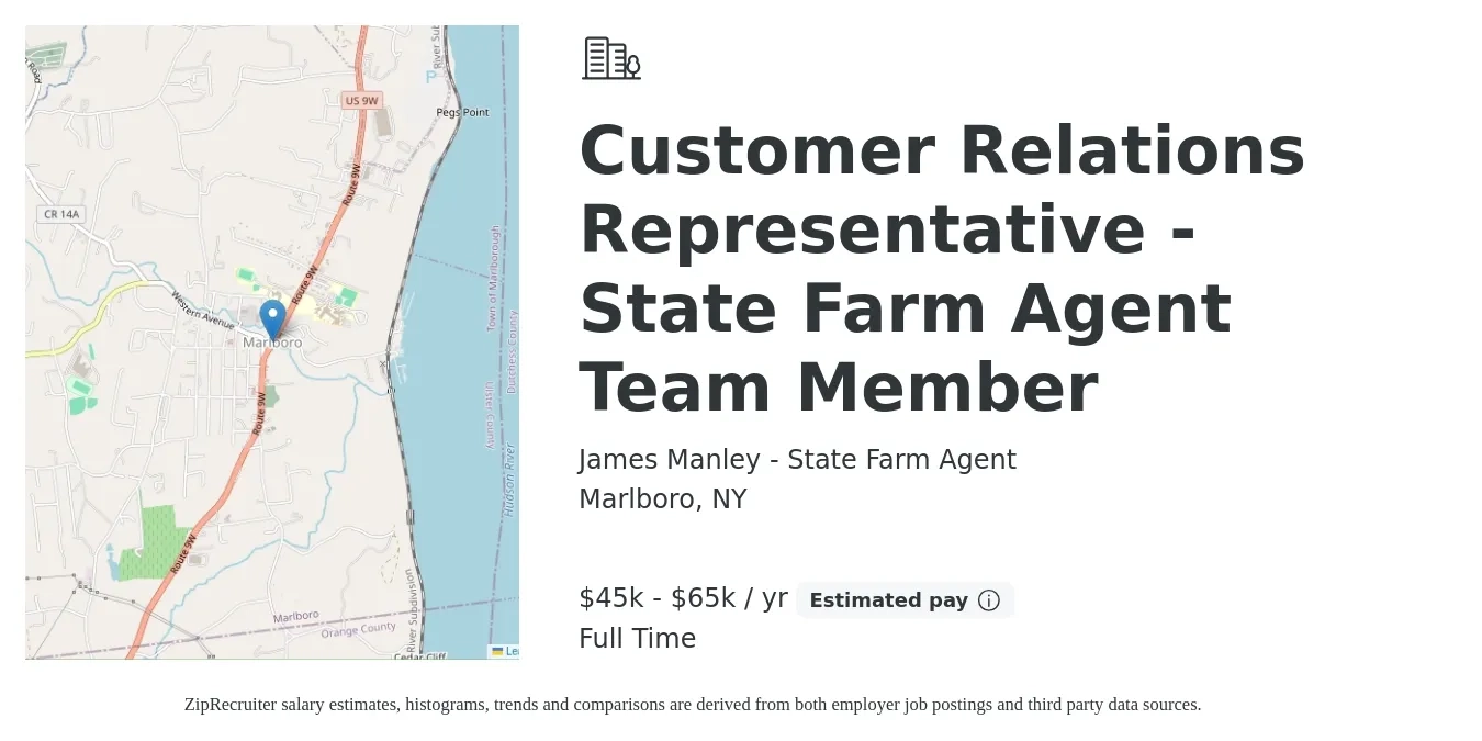 James Manley - State Farm Agent job posting for a Customer Relations Representative - State Farm Agent Team Member in Marlboro, NY with a salary of $45,000 to $65,000 Yearly with a map of Marlboro location.