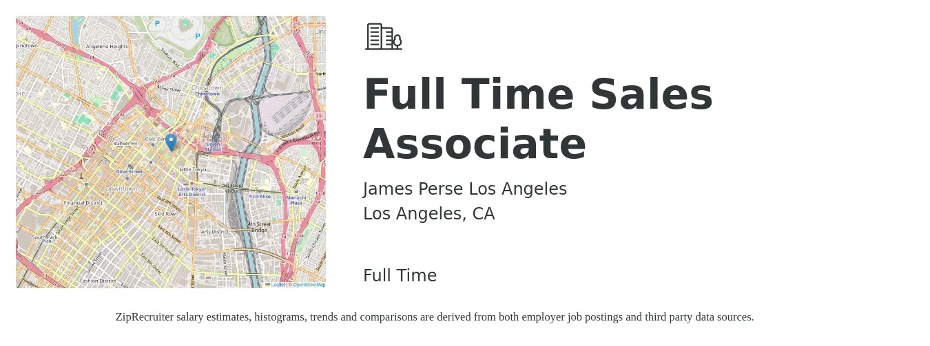 James Perse Los Angeles job posting for a Full Time Sales Associate in Los Angeles, CA with a salary of $18 Hourly with a map of Los Angeles location.