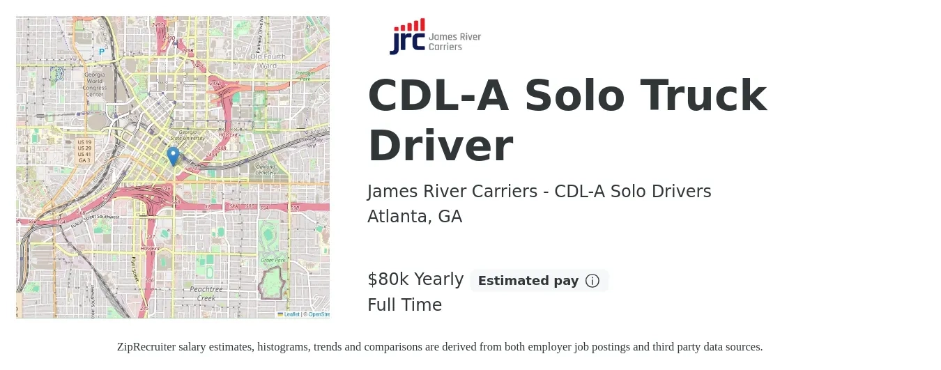 James River Carriers - CDL-A Solo Drivers job posting for a CDL-A Solo Truck Driver in Atlanta, GA with a salary of $80,000 Yearly with a map of Atlanta location.