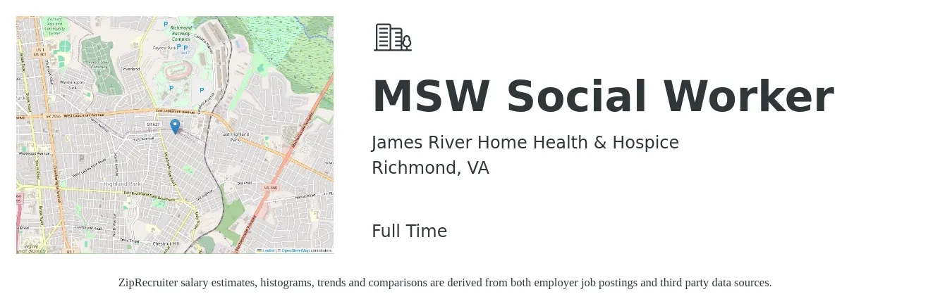 James River Home Health & Hospice job posting for a MSW Social Worker in Richmond, VA with a salary of $54,300 to $84,100 Yearly with a map of Richmond location.