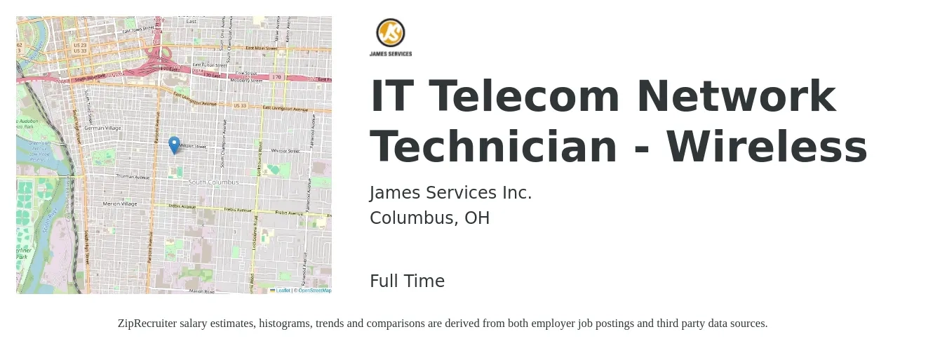James Services Inc. job posting for a IT Telecom Network Technician - Wireless in Columbus, OH with a salary of $40 to $45 Hourly with a map of Columbus location.