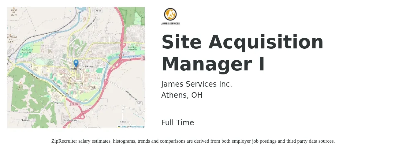 James Services Inc. job posting for a Site Acquisition Manager I in Athens, OH with a salary of $46 Hourly with a map of Athens location.