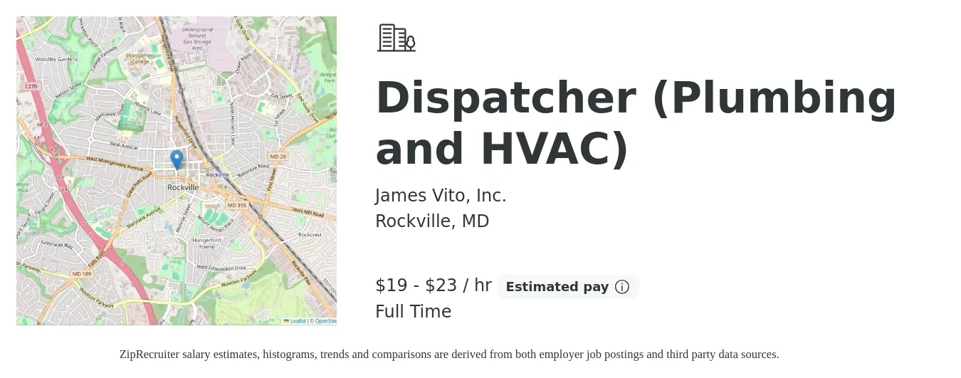 James Vito, Inc. job posting for a Dispatcher (Plumbing and HVAC) in Rockville, MD with a salary of $20 to $24 Hourly with a map of Rockville location.