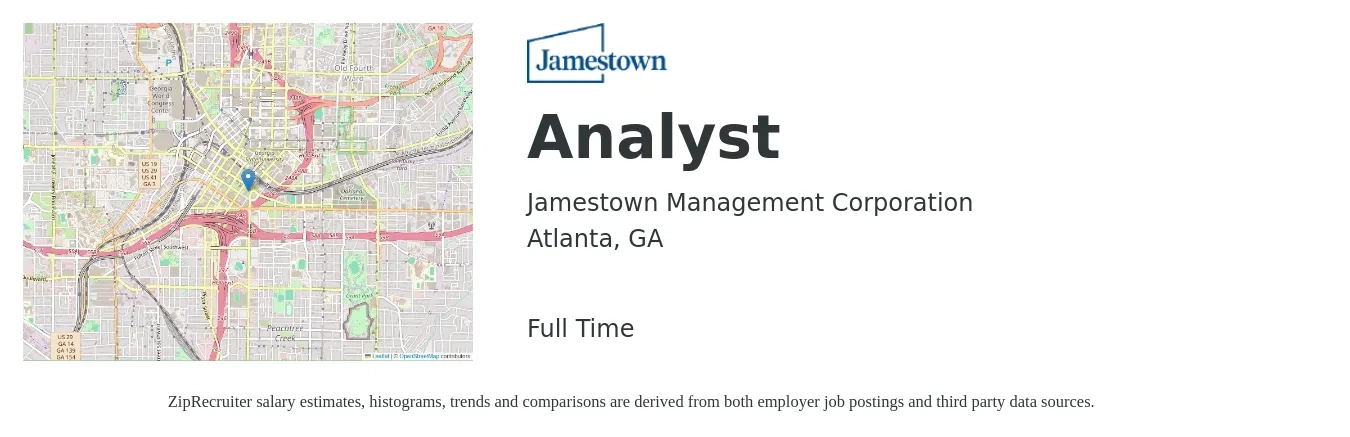 Jamestown Management Corporation job posting for a Analyst in Atlanta, GA with a salary of $74,100 to $100,100 Yearly with a map of Atlanta location.