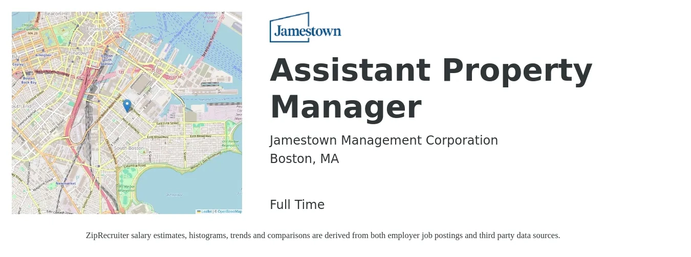 Jamestown Management Corporation job posting for a Assistant Property Manager in Boston, MA with a salary of $20 to $28 Hourly with a map of Boston location.