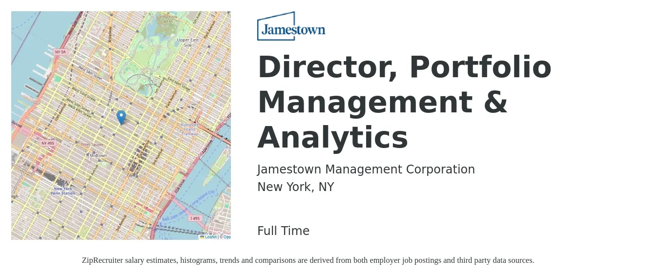 Jamestown Management Corporation job posting for a Director, Portfolio Management & Analytics in New York, NY with a salary of $122,900 to $197,500 Yearly with a map of New York location.