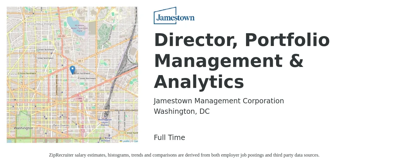 Jamestown Management Corporation job posting for a Director, Portfolio Management & Analytics in Washington, DC with a salary of $126,400 to $203,100 Yearly with a map of Washington location.
