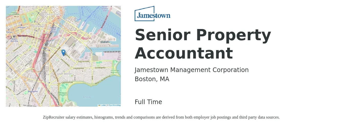 Jamestown Management Corporation job posting for a Senior Property Accountant in Boston, MA with a salary of $87,000 to $106,100 Yearly with a map of Boston location.