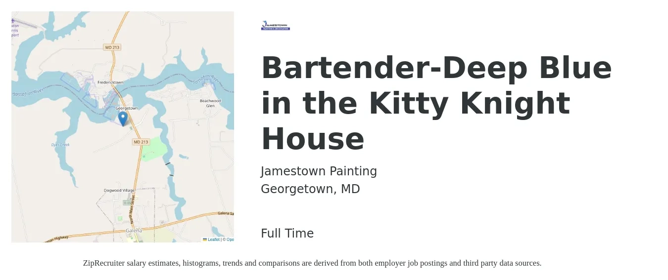 Jamestown Painting job posting for a Bartender-Deep Blue in the Kitty Knight House in Georgetown, MD with a salary of $10 to $18 Hourly with a map of Georgetown location.