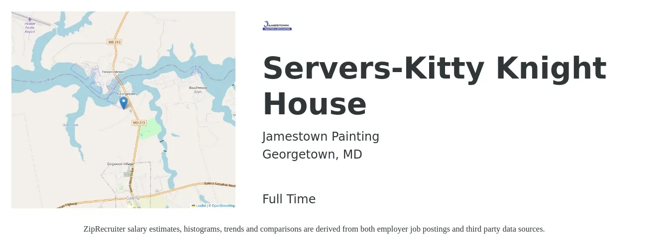 Jamestown Painting job posting for a Servers-Kitty Knight House in Georgetown, MD with a salary of $10 to $17 Hourly with a map of Georgetown location.