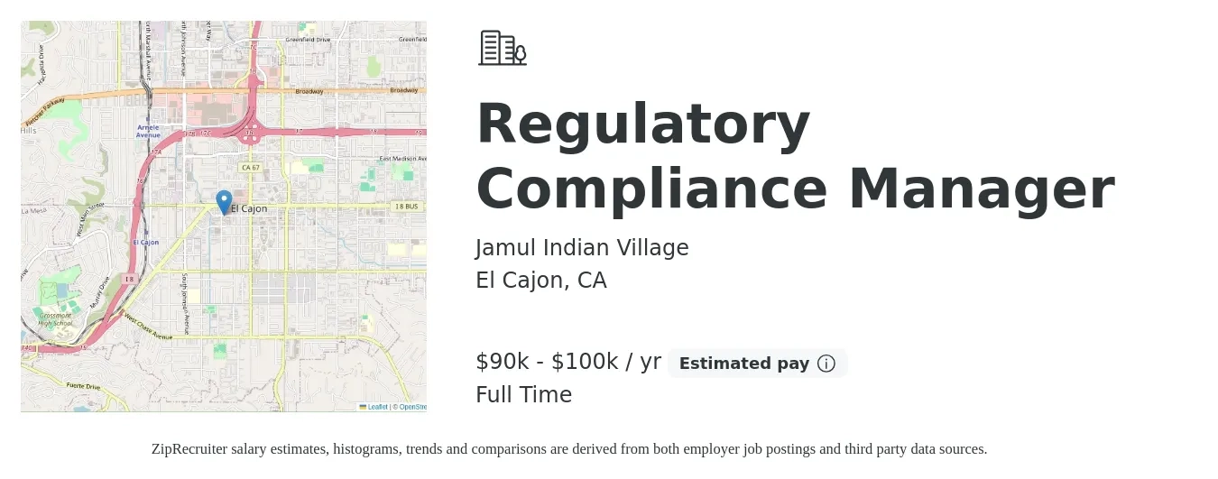 Jamul Indian Village job posting for a Regulatory Compliance Manager in El Cajon, CA with a salary of $90,000 to $100,000 Yearly with a map of El Cajon location.