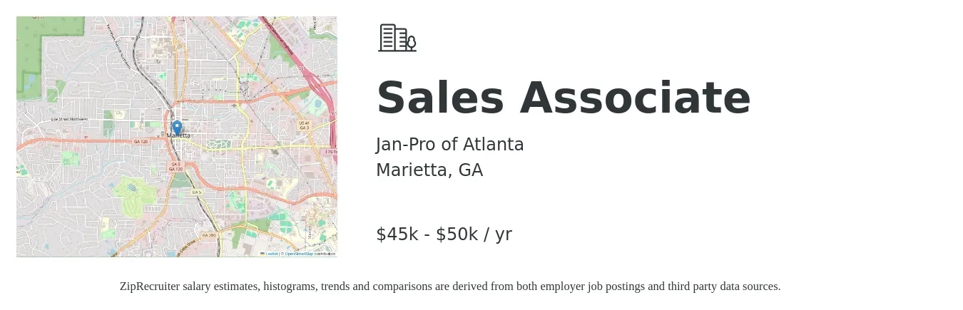 Jan-Pro of Atlanta job posting for a Sales Associate in Marietta, GA with a salary of $45,000 to $50,000 Yearly with a map of Marietta location.
