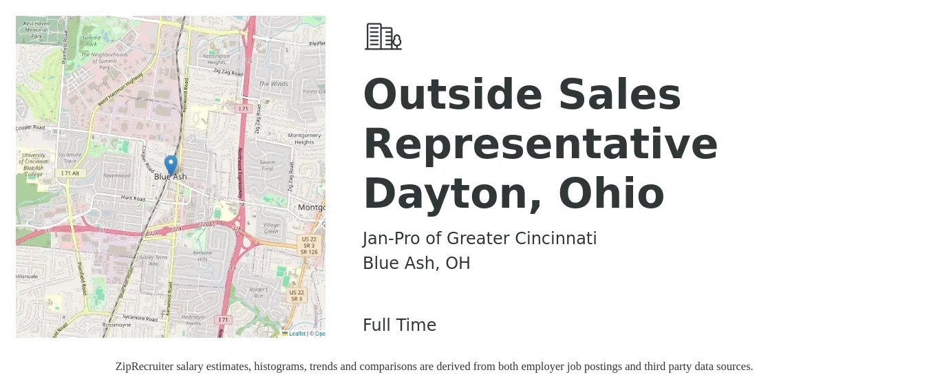 Jan-Pro of Greater Cincinnati job posting for a Outside Sales Representative Dayton, Ohio in Blue Ash, OH with a salary of $48,200 to $82,600 Yearly with a map of Blue Ash location.