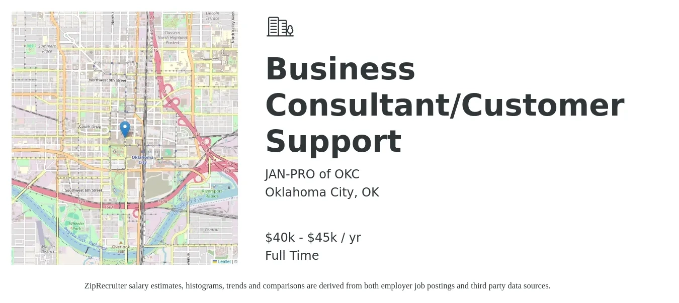 JAN-PRO of OKC job posting for a Business Consultant/Customer Support in Oklahoma City, OK with a salary of $40,000 to $45,000 Yearly with a map of Oklahoma City location.