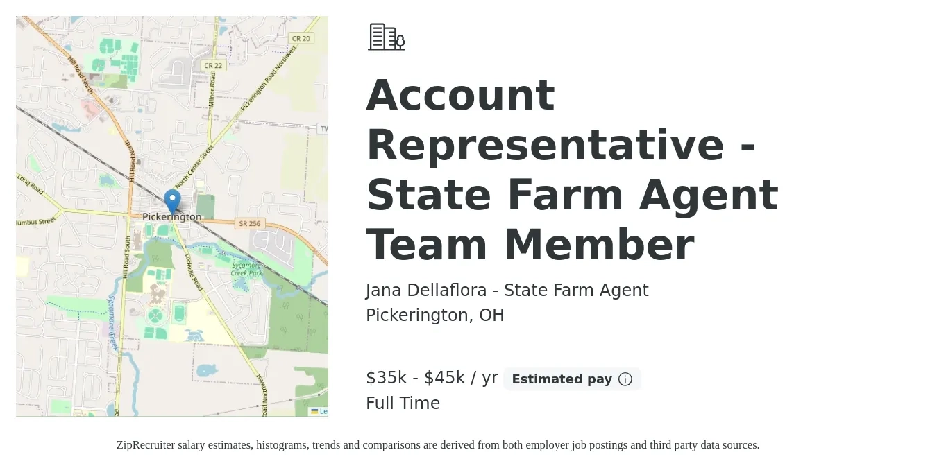 Jana Dellaflora - State Farm Agent job posting for a Account Representative - State Farm Agent Team Member in Pickerington, OH with a salary of $35,000 to $45,000 Yearly with a map of Pickerington location.