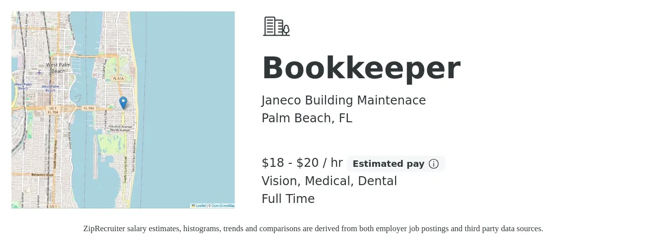 Janeco Building Maintenace job posting for a Bookkeeper in Palm Beach, FL with a salary of $19 to $21 Hourly and benefits including pto, vision, dental, and medical with a map of Palm Beach location.