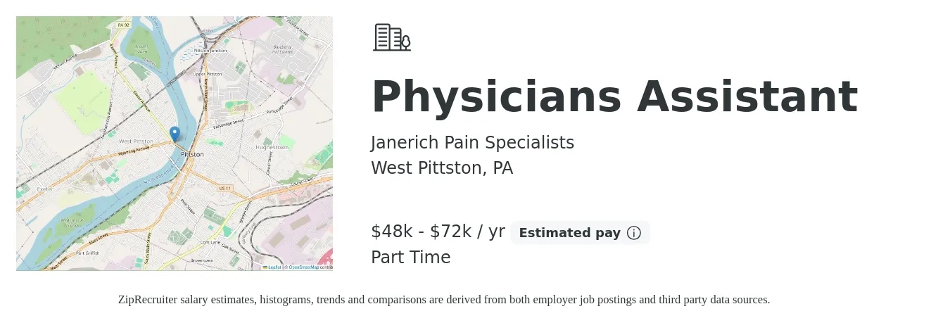 Janerich Pain Specialists job posting for a Physicians Assistant in West Pittston, PA with a salary of $48,000 to $72,000 Yearly with a map of West Pittston location.