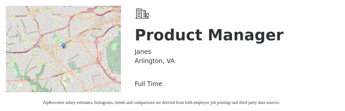 Janes job posting for a Product Manager in Arlington, VA with a salary of $162,200 to $226,600 Yearly with a map of Arlington location.