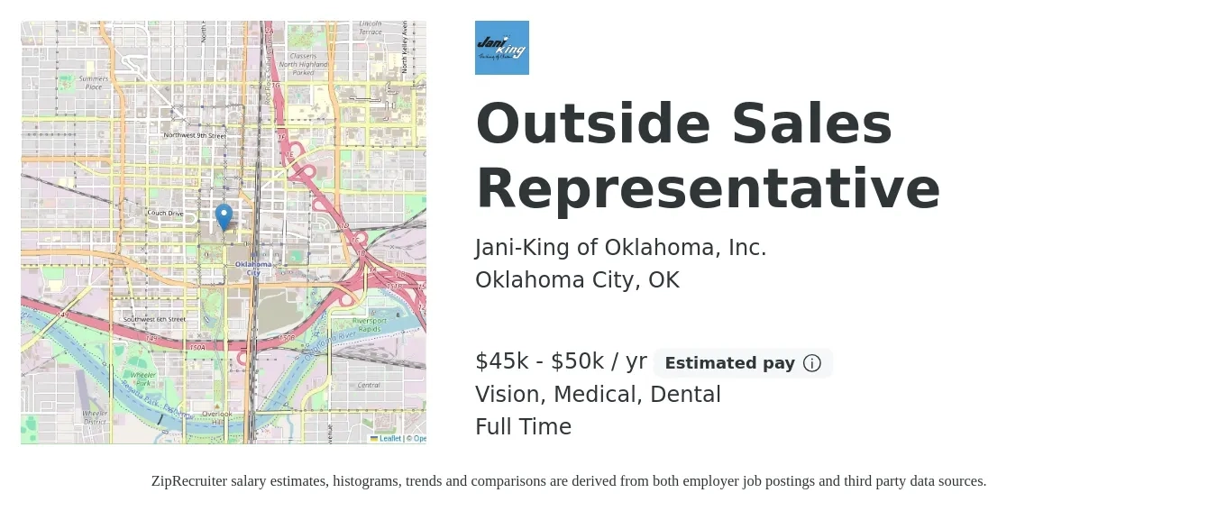 Jani-King of Oklahoma, Inc. job posting for a Outside Sales Representative in Oklahoma City, OK with a salary of $45,000 to $50,000 Yearly (plus commission) and benefits including medical, pto, retirement, vision, dental, and life_insurance with a map of Oklahoma City location.