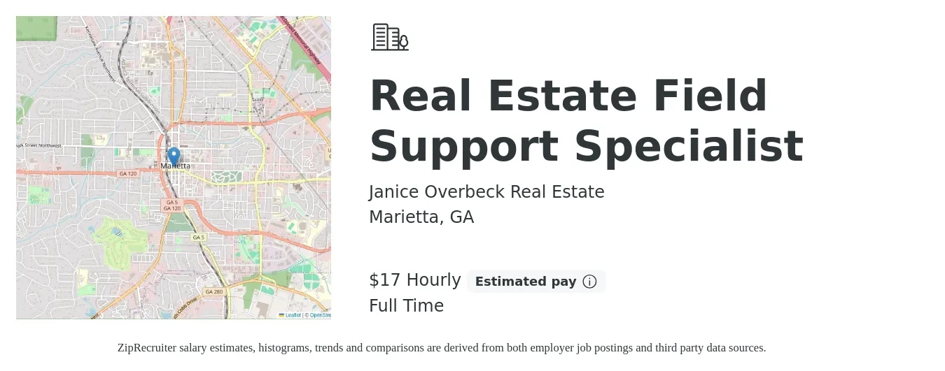 Janice Overbeck Real Estate job posting for a Real Estate Field Support Specialist in Marietta, GA with a salary of $18 Hourly with a map of Marietta location.