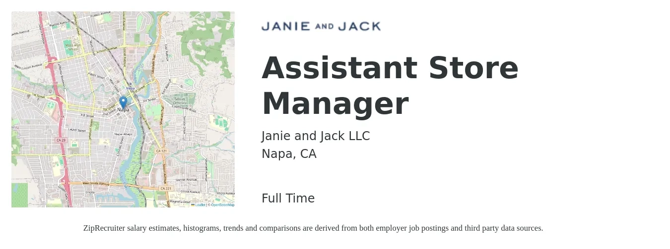 Janie and Jack LLC job posting for a Assistant Store Manager in Napa, CA with a salary of $18 to $26 Yearly with a map of Napa location.