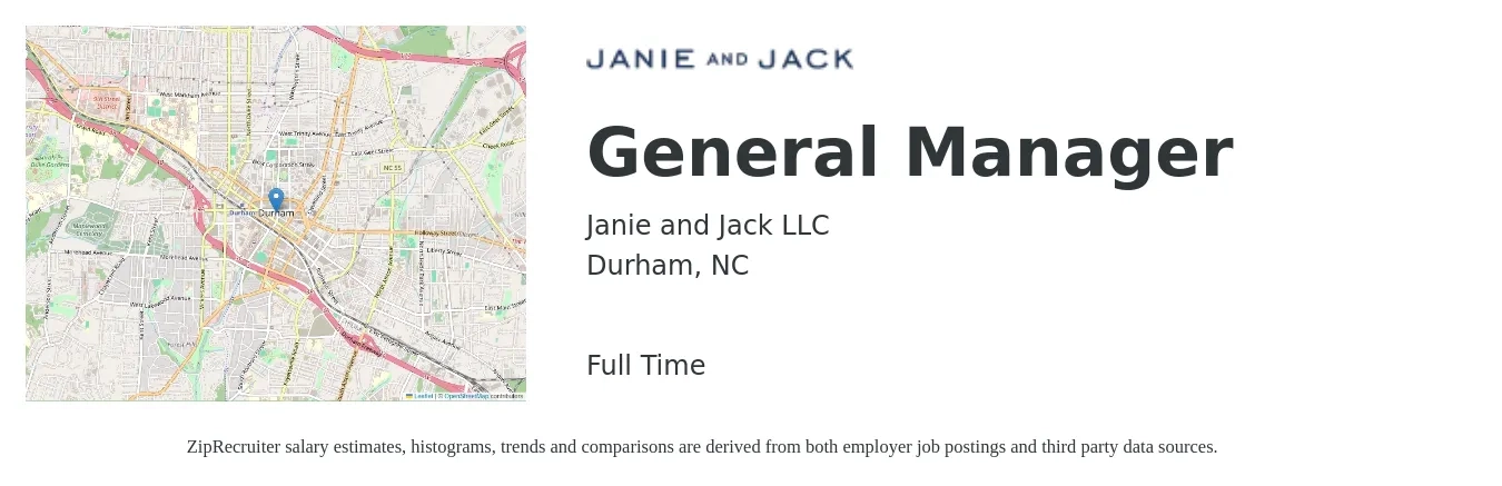 Janie and Jack LLC job posting for a General Manager in Durham, NC with a salary of $46,600 to $69,700 Yearly with a map of Durham location.
