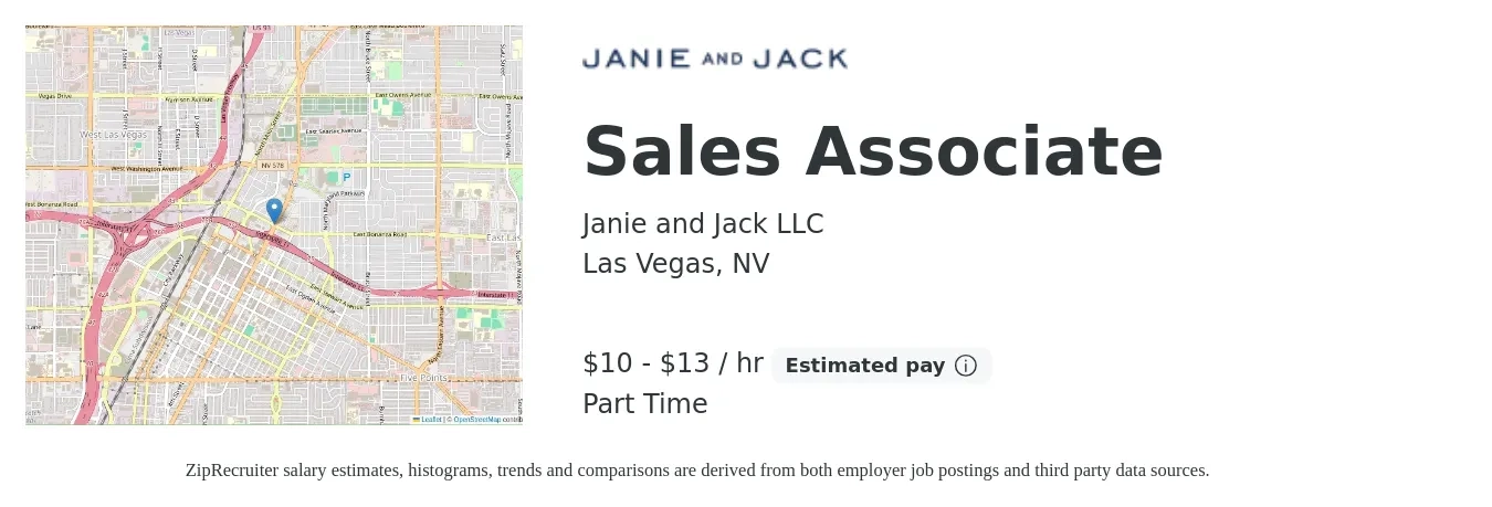 Janie and Jack LLC job posting for a Sales Associate in Las Vegas, NV with a salary of $11 to $14 Hourly with a map of Las Vegas location.