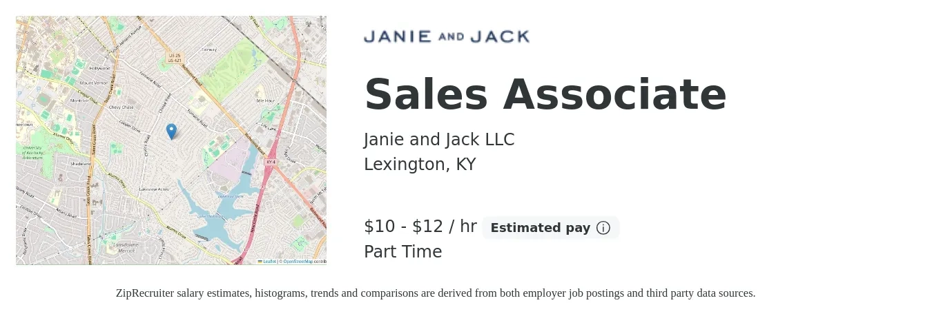 Janie and Jack LLC job posting for a Sales Associate in Lexington, KY with a salary of $11 to $13 Hourly with a map of Lexington location.