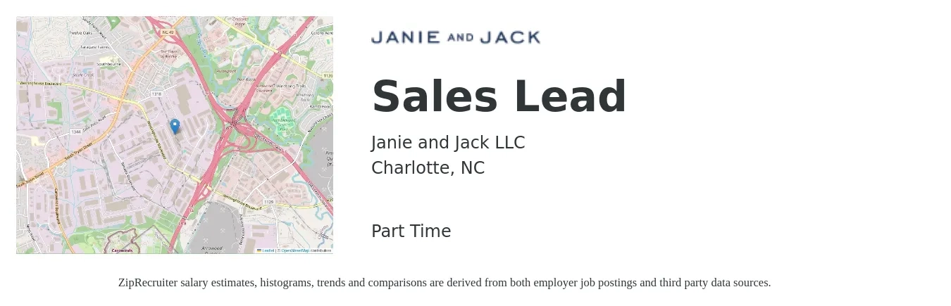 Janie and Jack LLC job posting for a Sales Lead in Charlotte, NC with a salary of $34,500 to $94,300 Yearly with a map of Charlotte location.