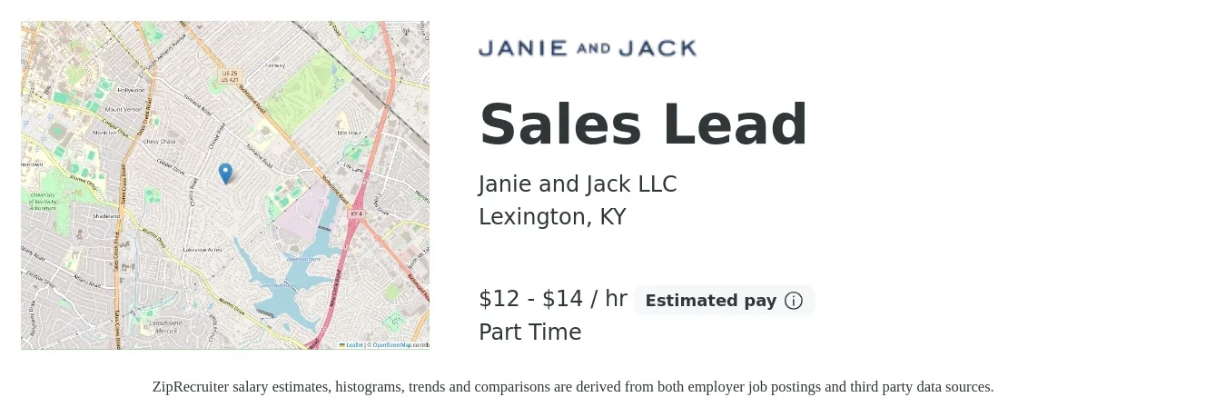 Janie and Jack LLC job posting for a Sales Lead in Lexington, KY with a salary of $13 to $15 Hourly with a map of Lexington location.
